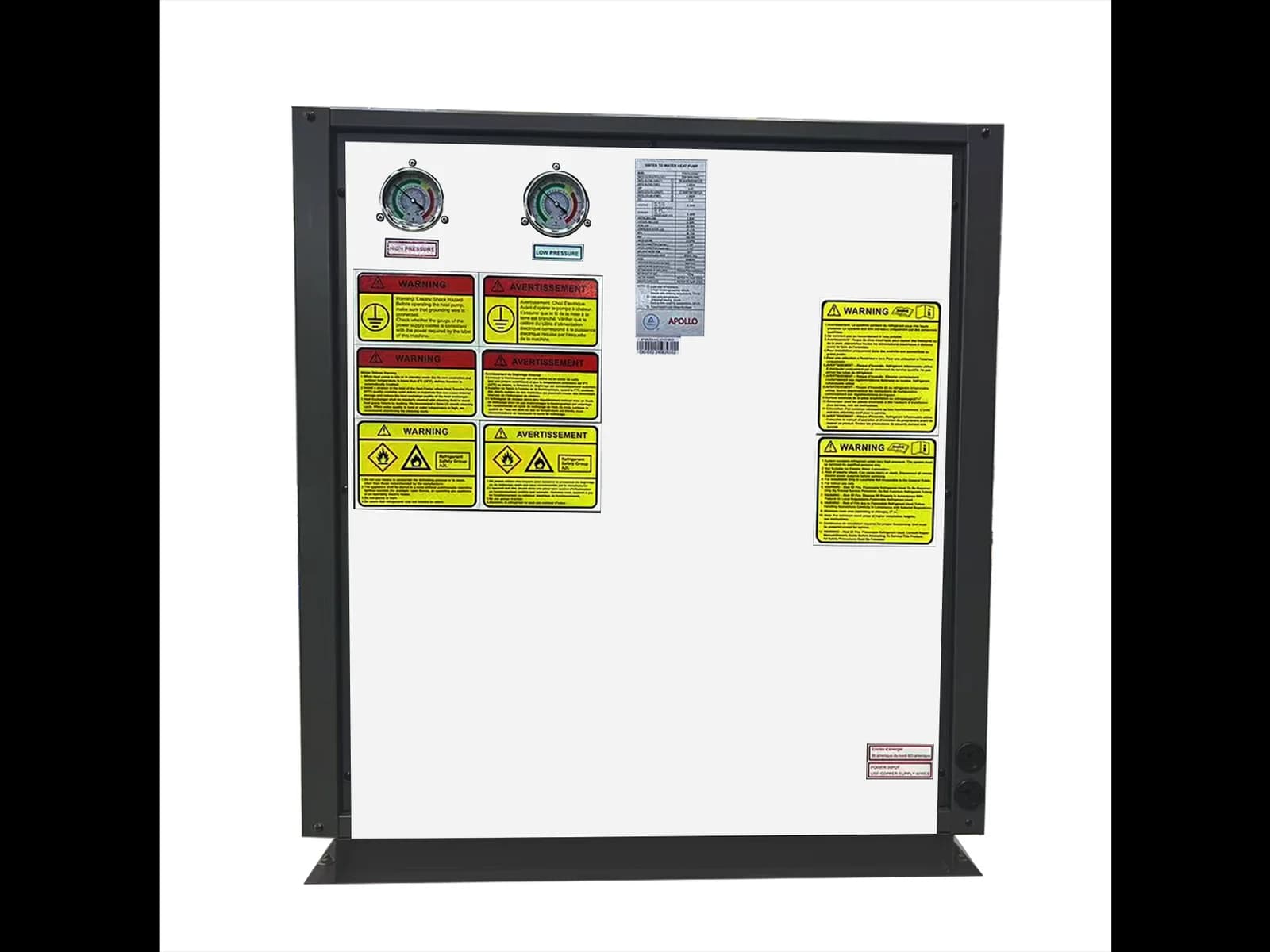 Rear service side of an APOLLO 4 ton geothermal heat pump with pressure gauges