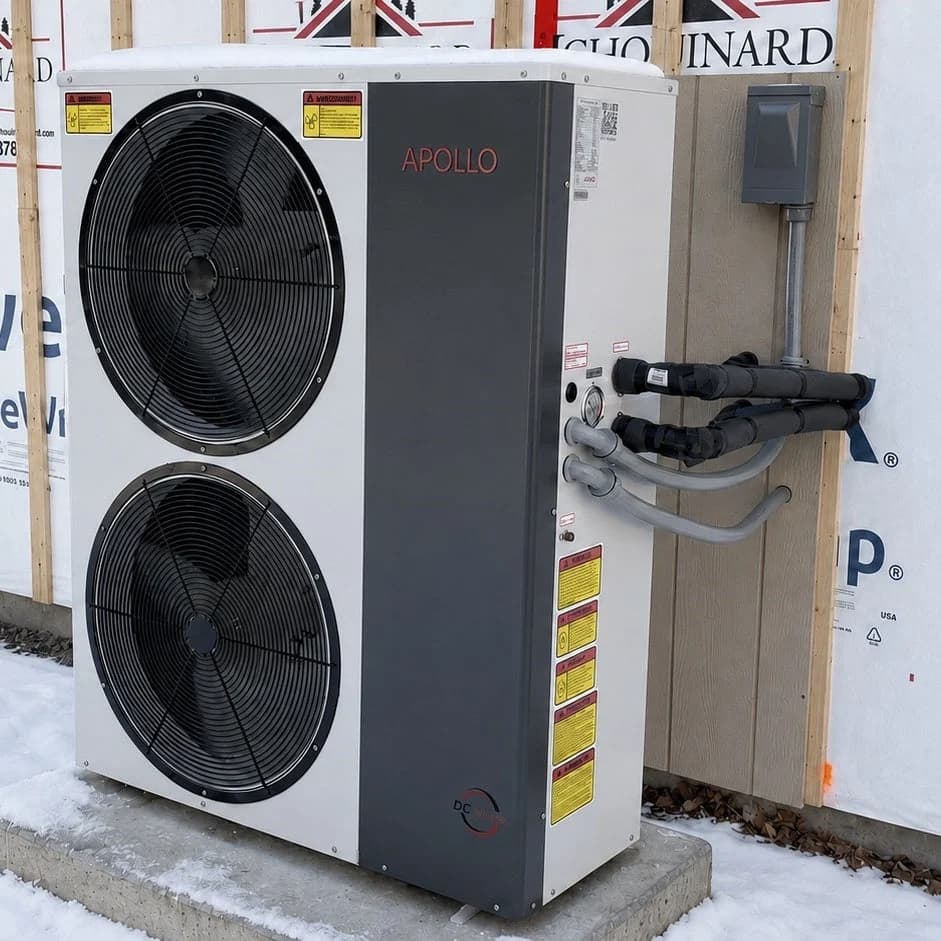 APOLLO air-to-water heat pump installed outdoors beside a building in winter