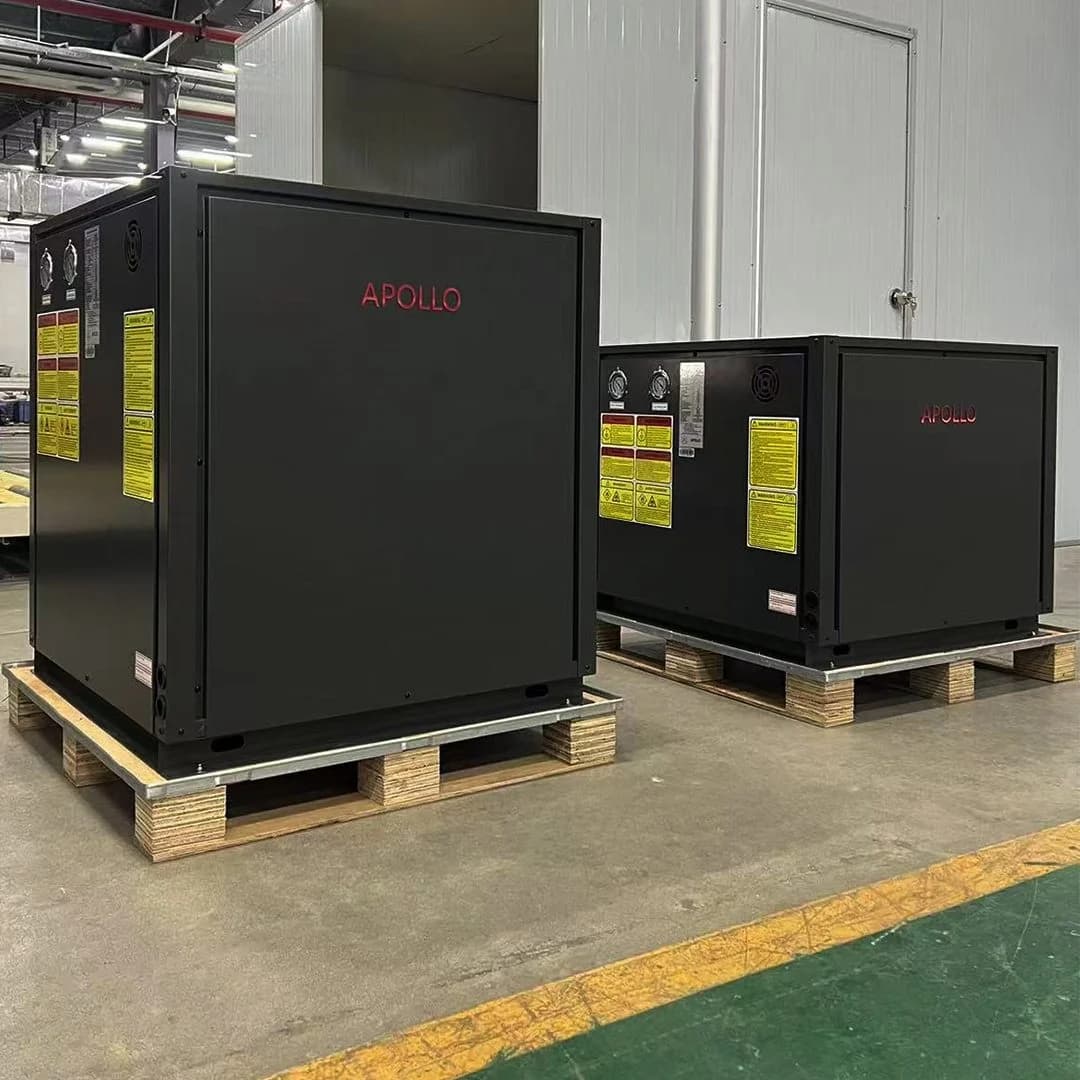APOLLO MAX geothermal heat pump cabinets in a production and showroom setting